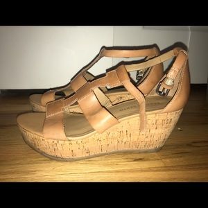 Tan leather wedges with side buckle